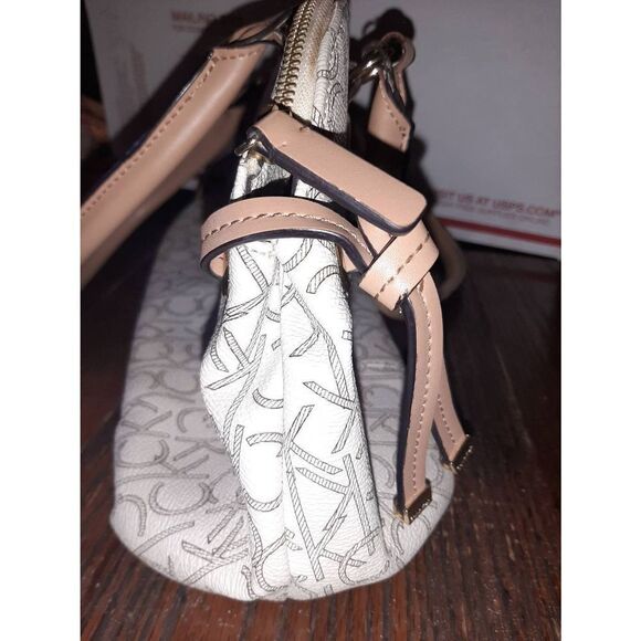 Calvin Klein Logo Tan Ivory Medium Top Handle Satchel Purse Handbag Bag - Picture 4 of 10